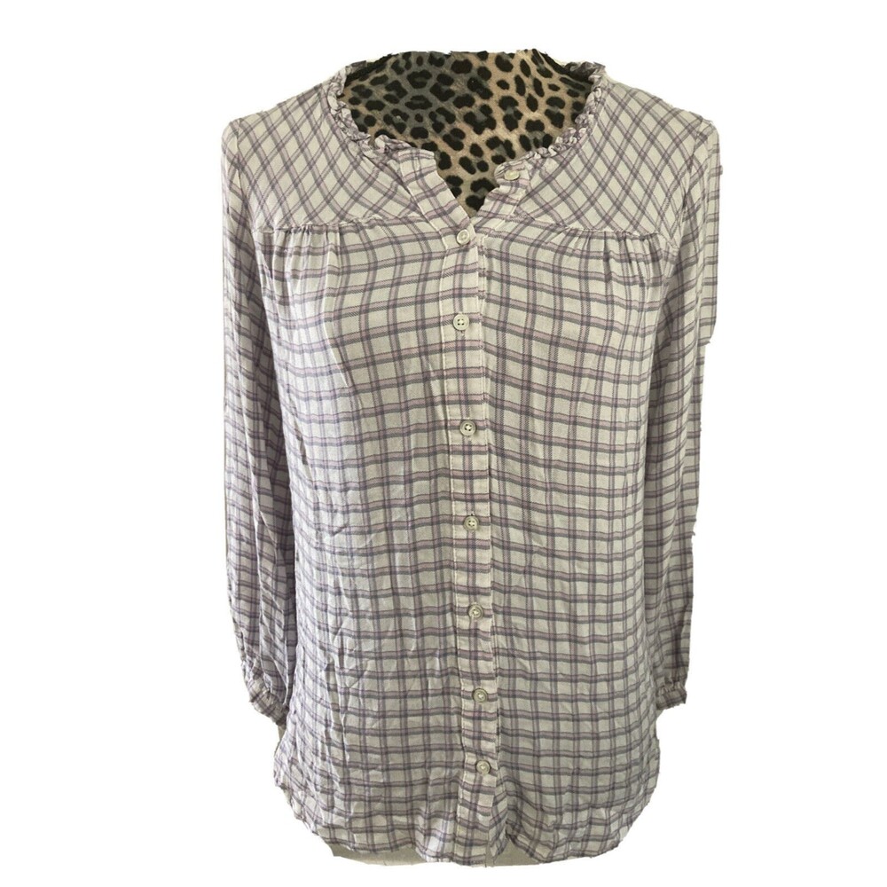 Talbots L pink plaid blouse ruffle collar long sleeve button down runs neck 21W